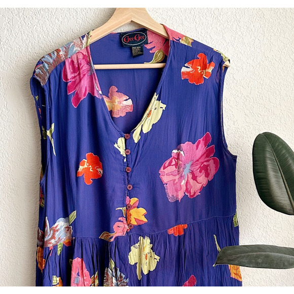 VTG GeeGee Babydoll Mini Dress Free Size Floral Chiffon 90 Y2K Oversized Boho - Picture 2 of 8